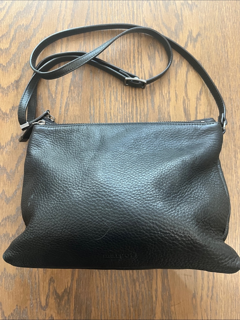 Margot New York Black Pebbkle Leather Crossbody Purse Bag Double Compartments